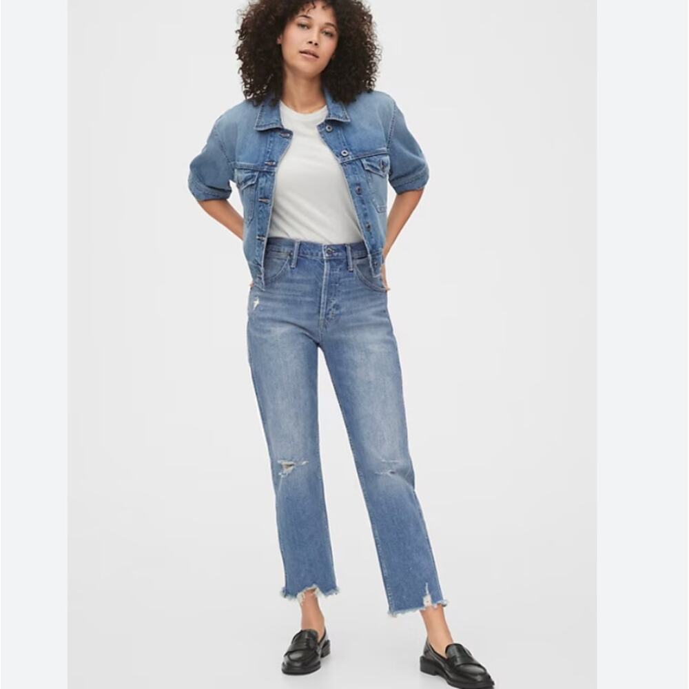 Gap 1969 High Rise Distressed Straight Leg Jeans Medium Indigo Wash Size 8
